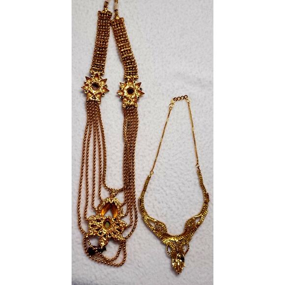 Goldtone Red Green India Ethnic Necklace Lot Bollywood Festoon Choker Glam Boho - Picture 11 of 11